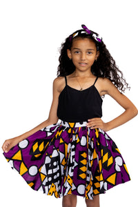 African print Kids Skirt + Headtie with Bow set - Purple Samakaka ( 1 - 10 years )