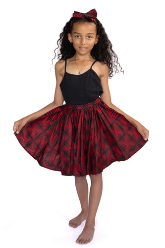 African print Kids Skirt + Headtie with Bow set - Red ( 1 - 10 years )