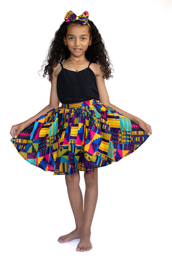 African print Kids Skirt Headtie with Bow set Purple Kente