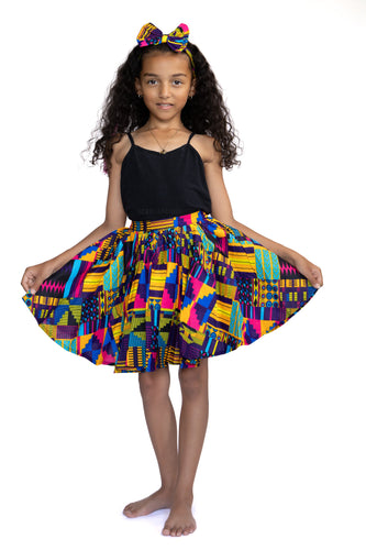 African print Kids Skirt + Headtie with Bow set - Purple Kente ( 1 - 10 years )