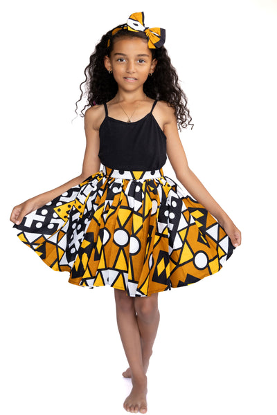 African print Kids Skirt + Headtie with Bow set - Mustard Yellow Samakaka ( 1 - 10 years )