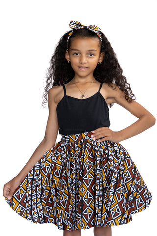 African print Kids Skirt + Headtie with Bow set - Mustard / White Bogolan ( 1 - 10 years )