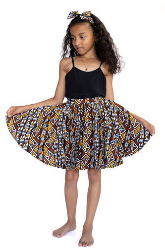 African print Kids Skirt + Headtie with Bow set - Mustard / White Bogolan ( 1 - 10 years )