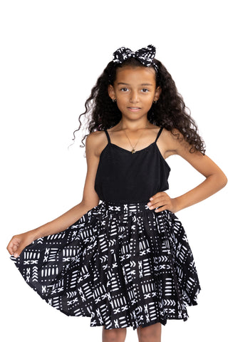 African print Kids Skirt + Headtie with Bow set - Black / white Bogolan ( 1 - 10 years )