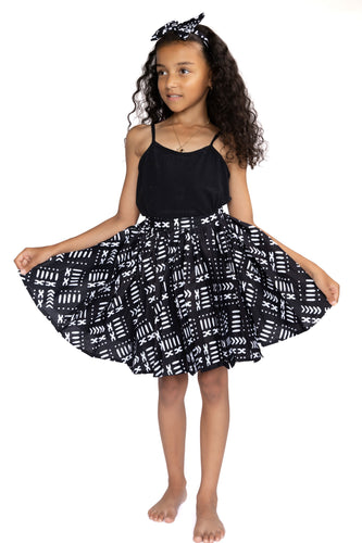 African print Kids Skirt + Headtie with Bow set - Black / white Bogolan ( 1 - 10 years )