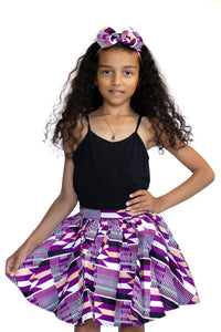African print Kids Skirt + Headtie with Bow set - Purple kente ( 1 - 10 years )