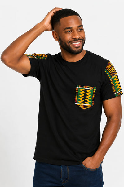 T-shirt with African print details - Green Kente Zigzag Pocket
