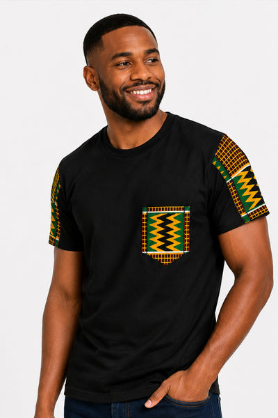 T-shirt with African print details - Green Kente Zigzag Pocket