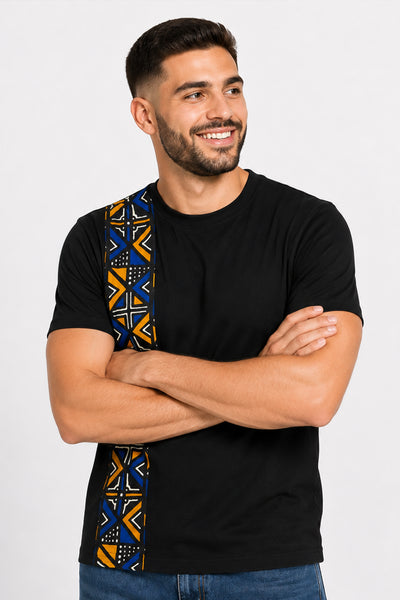 T-shirt with African print details - Blue Bogolan Geometry Band