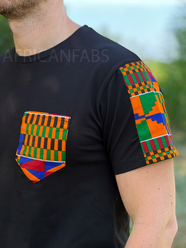 T-shirt with African print details - Kente sleeves and chest pocket
