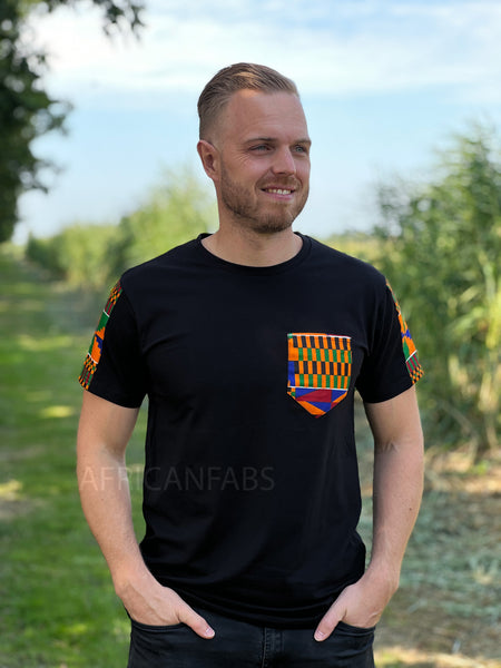 T-shirt with African print details - Kente sleeves and chest pocket