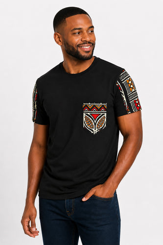 T-shirt with African print details - Red Bogolan Symbols Pocket