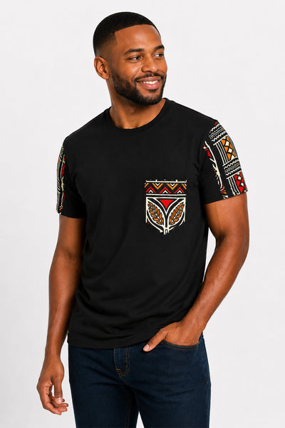 T-shirt with African print details - Red Bogolan Symbols Pocket