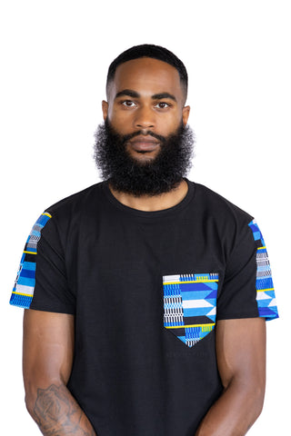 T-shirt with African print details - Blue Kente pocket