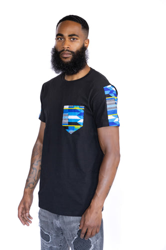 T-shirt with African print details - Blue Kente pocket