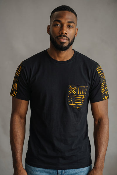 T-shirt with African print details - Yellow Bogolan pocket