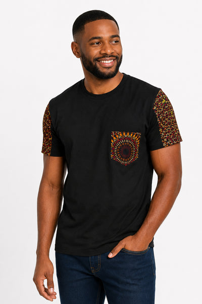 T-shirt with African print details - Brown Orange Savanna Sun Pocket