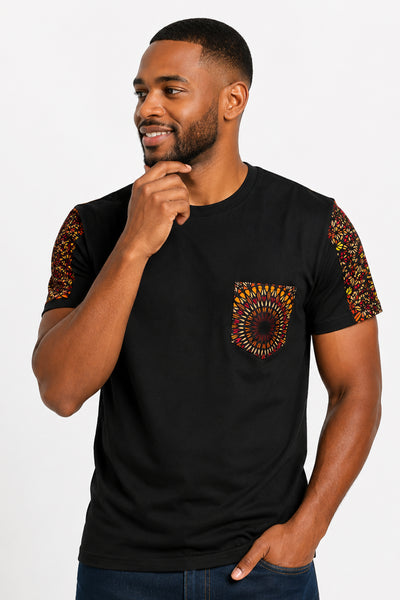 T-shirt with African print details - Brown Orange Savanna Sun Pocket