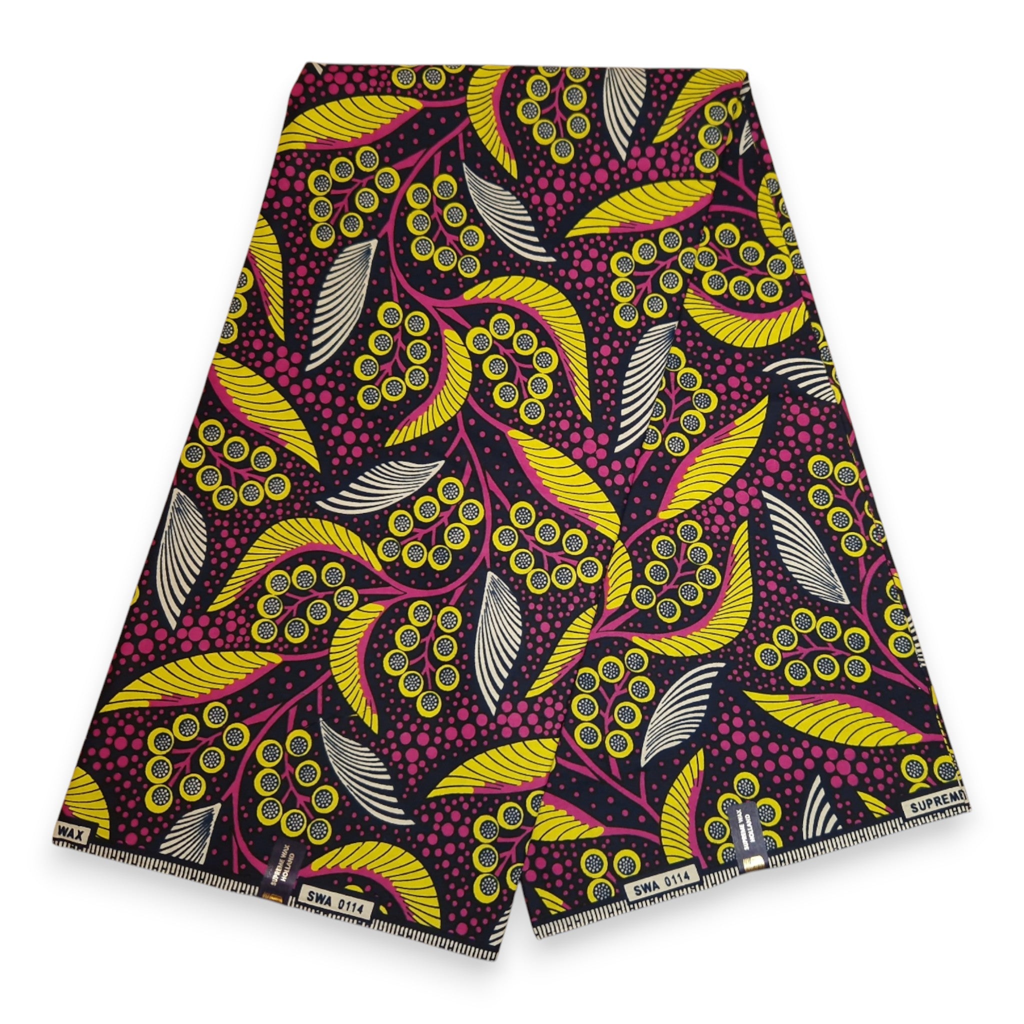 African Wax print fabric - Pink Yellow Leaves - 100% cotton