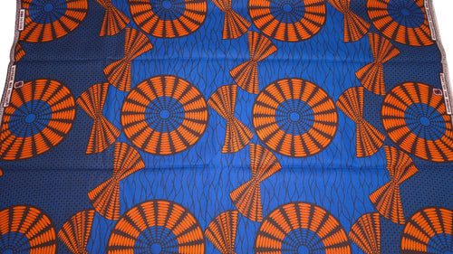 African Wax print fabric - Blue Orange Sun Disc - 100% cotton