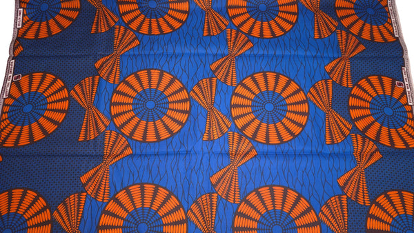 African Wax print fabric - Blue Orange Sun Disc - 100% cotton