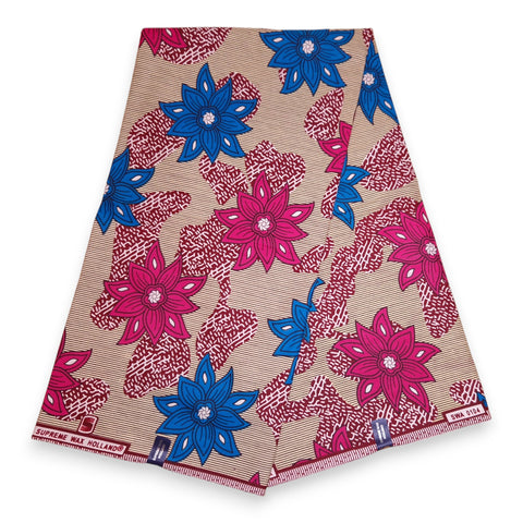 African Wax print fabric - Beige and Pink Large Flowers - 100% cotton