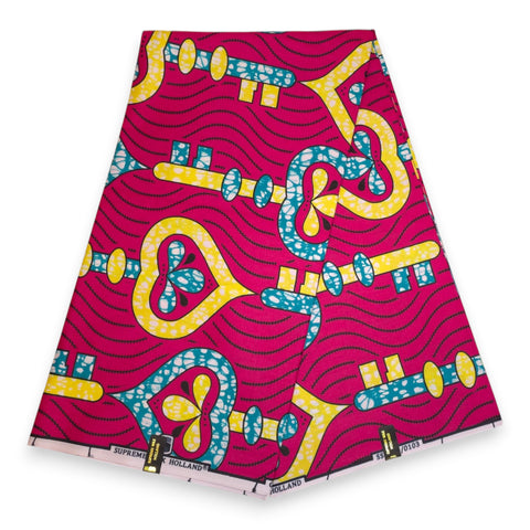 African print fabric - Blue & Fuchsia Flowers - 100% cotton