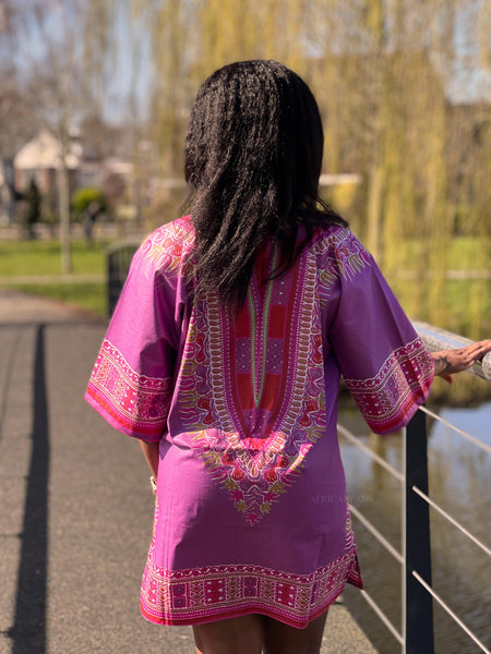 Purple / Red Dashiki Shirt / Dashiki Dress - African print top - Unisex - Vlisco