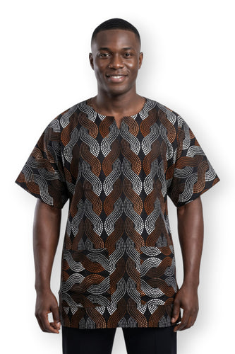 Brown White Wave Pattern Dashiki Shirt / Dashiki Dress - African print top - Unisex