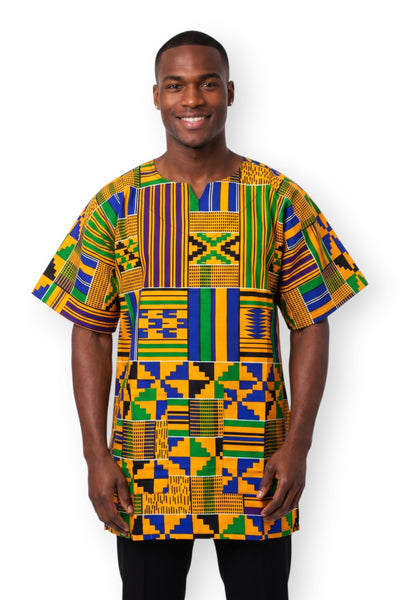 Yellow Blue Kente Blocks Dashiki Shirt / Dashiki Dress - African print top - Unisex
