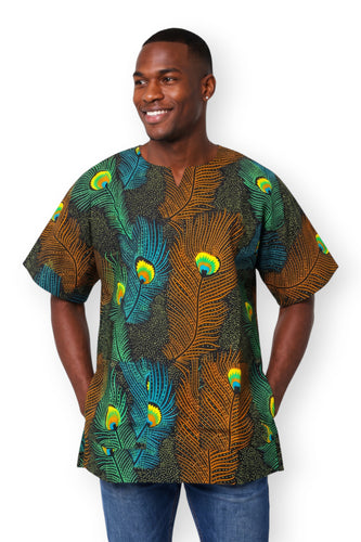 Brown Teal Peacock Feather Dashiki Shirt / Dashiki Dress - African print top - Unisex