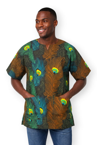 Brown Teal Peacock Feather Dashiki Shirt / Dashiki Dress - African print top - Unisex