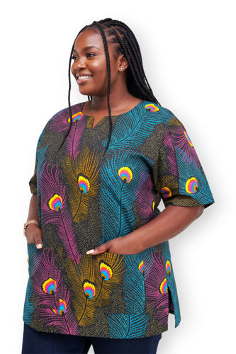 Pink Blue Peacock Feather Dashiki Shirt / Dashiki Dress - African print top - Unisex