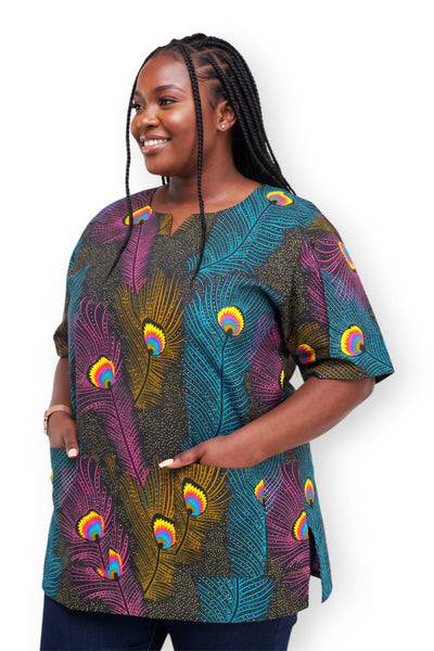 Pink Blue Peacock Feather Dashiki Shirt / Dashiki Dress - African print top - Unisex