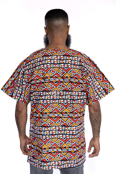 Red / Orange Bogolan  Dashiki Shirt / Dashiki Dress - African print top - Unisex