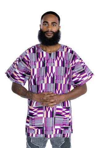 Purple / white Kente  Dashiki Shirt / Dashiki Dress - African print top - Unisex