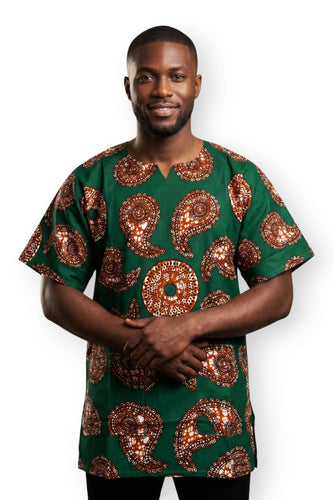 Green Brown Paisley Sun Dashiki Shirt / Dashiki Dress - African print top - Unisex