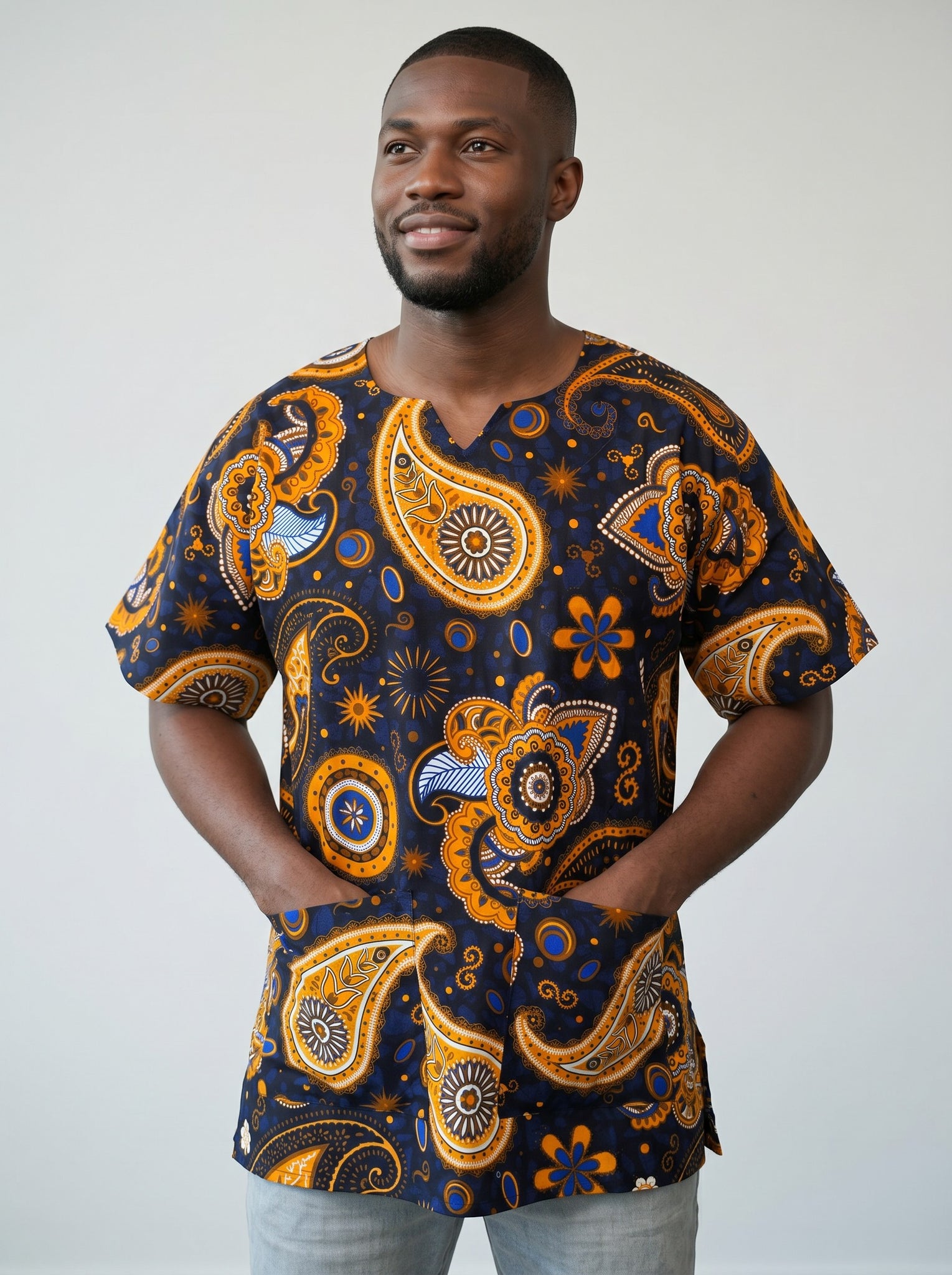 Navy blue Yellow Paisley Dashiki Shirt / Dashiki Dress - African print top
