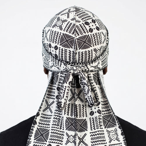 Durag / Du-rag / Do-rag / Bandana - Unisex - White and Black Bogolan