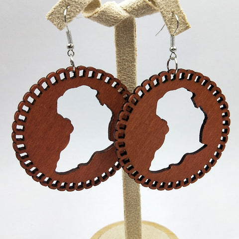Wooden drop earrings | African continent wood circle