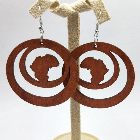Wooden drop earrings | African continent in wooden circle brown