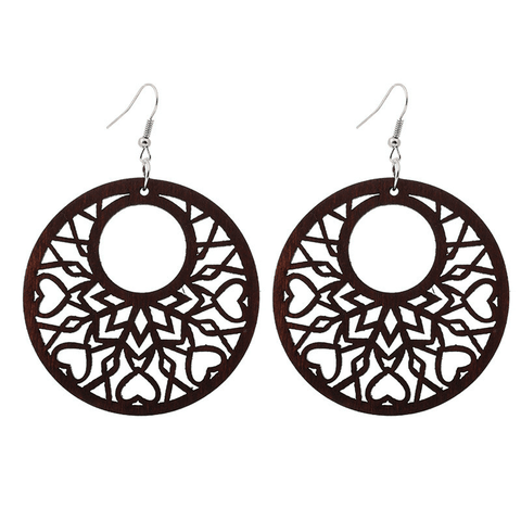 African Print Earrings | Brown round heart wooden earrings