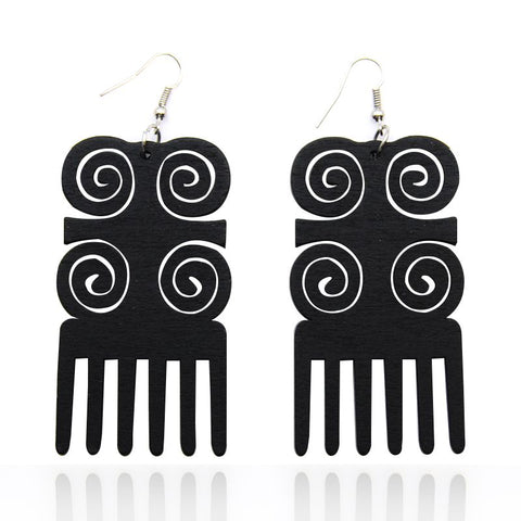 African Print Earrings | Black comb wooden earrings