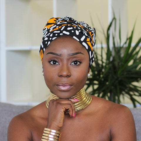 Easy headwrap - Satin lined hair bonnet - Black / orange