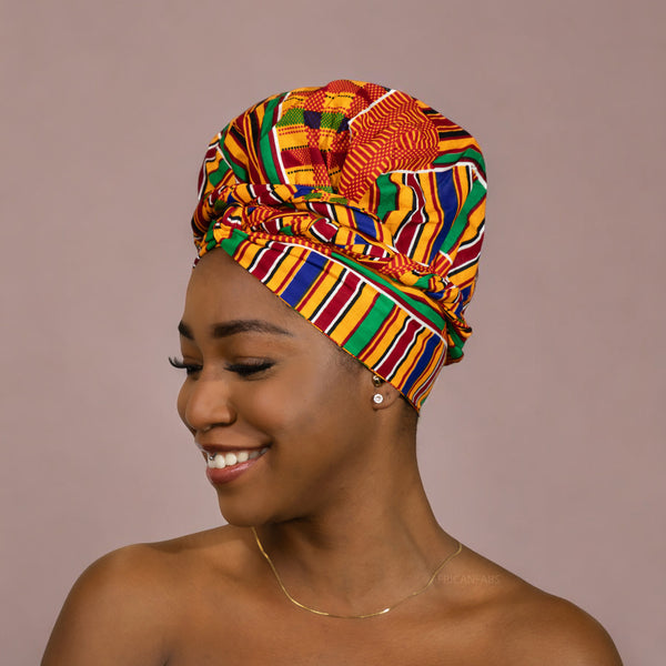 Easy headwrap - Satin lined hair bonnet - Kente Orange / blue / red