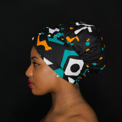 Easy headwrap - Satin lined hair bonnet - Mud Black / Turquoise