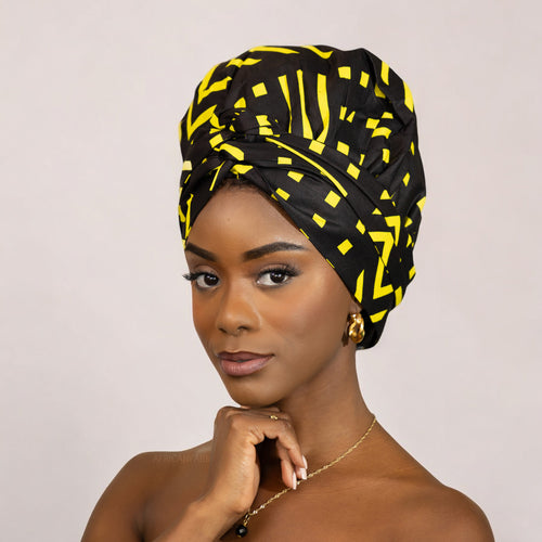 Easy headwrap - Satin lined hair bonnet - Black / yellow