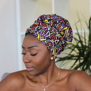Easy headwrap - Satin lined hair bonnet - Yellow / purple Tribal print