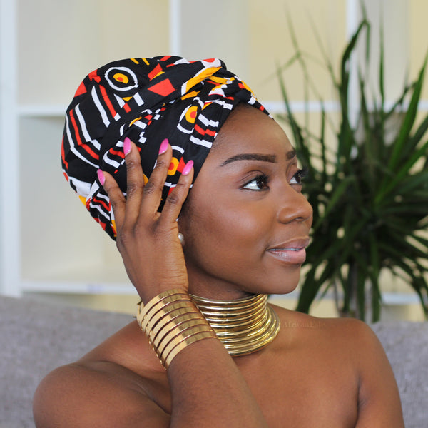 Easy headwrap - Satin lined hair bonnet - Orange / black Adaobi