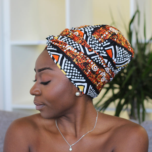 Easy headwrap - Satin lined hair bonnet - Orange / white Chidinma